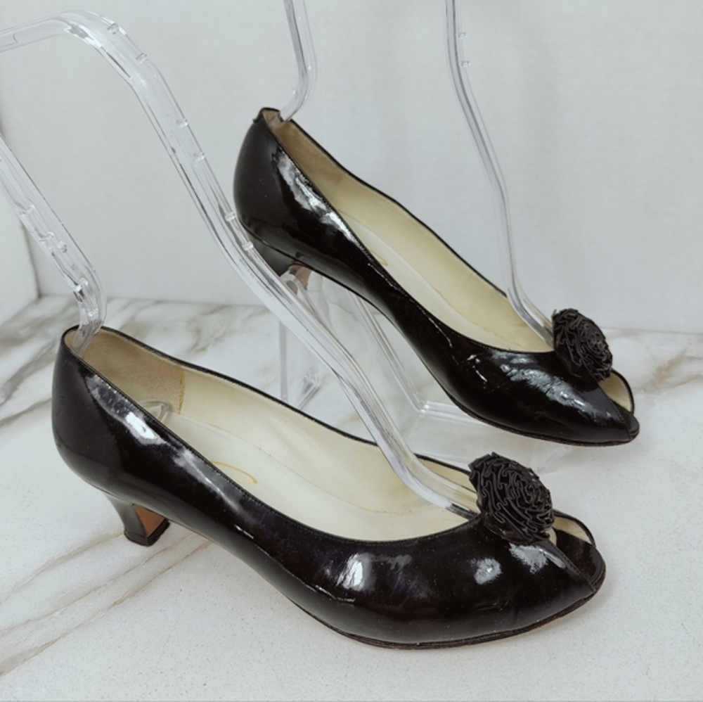 Rare VTG 60s 70s Evins Black Patent Leather Rosettes Peep Toe Heels Pumps, 6.5